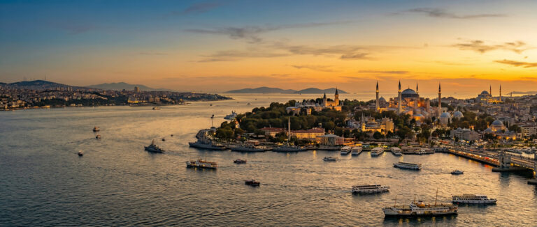 A wide view combining Istanbul’s waterfront and historic skyline