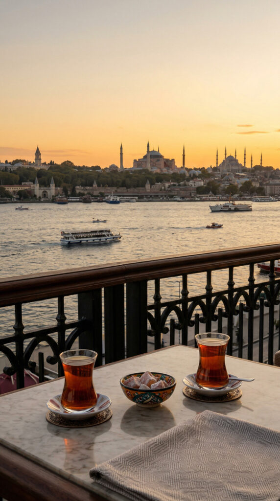 A quiet table set by the Bosphorus at sunset