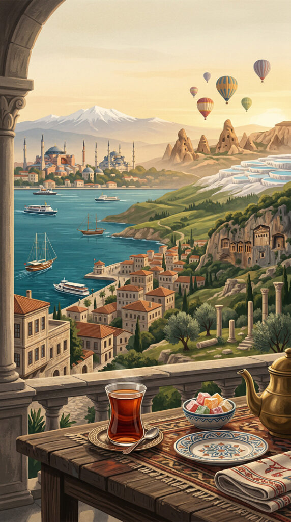 Vertical artwork showing how city and water relate in Turkey