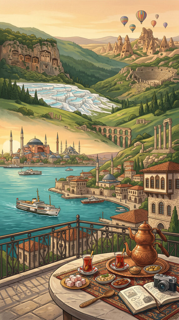 Vertical artwork capturing Turkey's valleys, routes and scenery