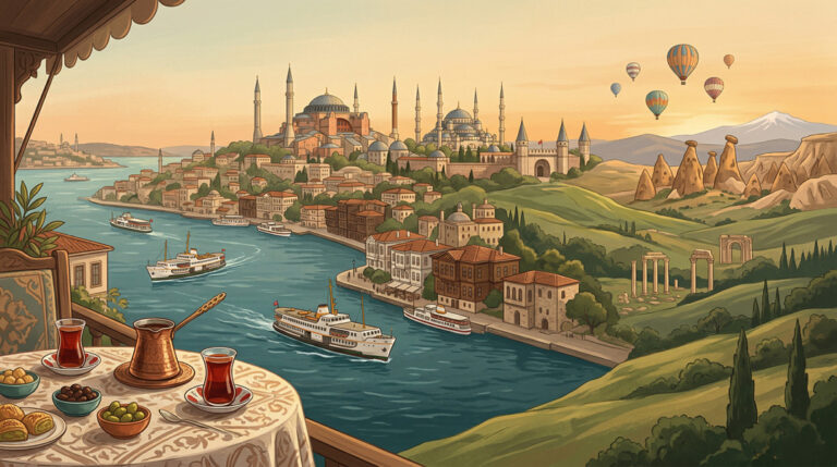 Wide artwork combining Turkey's coastal, urban and food culture