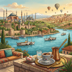 Square artwork combining Türkiye’s coastline, history and food culture