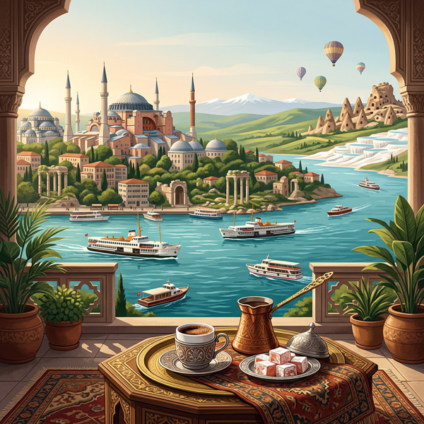 Square artwork bringing Turkey's urban, coastal, historical and dining layers into one frame