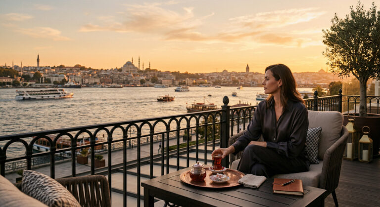 A personal glance and a moment at the table against a city backdrop