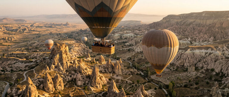 Cappadocia’s valleys in a sunrise panorama