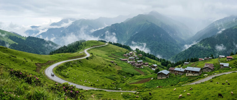 A panorama of the Black Sea highlands and their green road-trip mood
