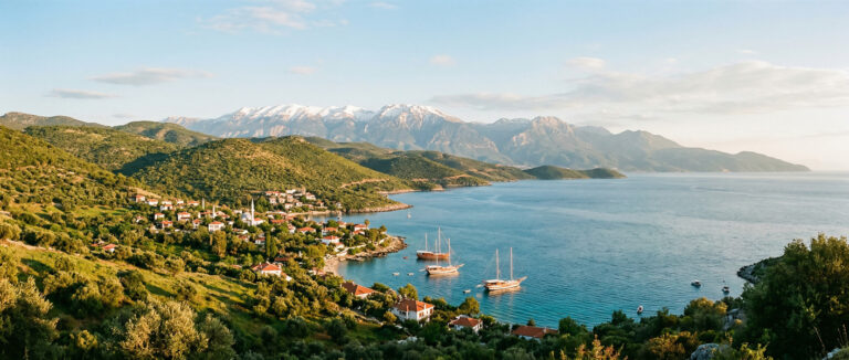 Wide view of Turkey's coast, balancing mountains and sea
